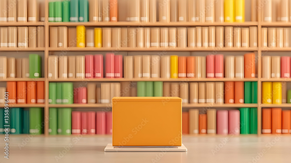 Poster bright orange container in a colorful library with neat shelves