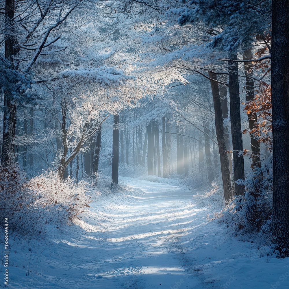 Aufkleber serene winter pathway through a snow-covered forest with soft light filtering through trees.