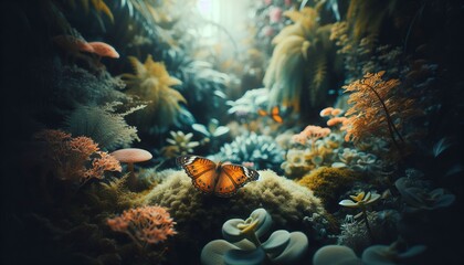 Fototapeta premium Butterfly softly settled within a botanical garden surrounded by