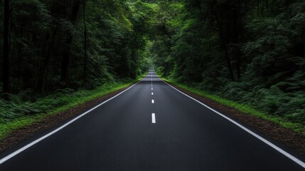 Obraz premium Serene forest road stretches into distance. Lush, green trees line a paved highway