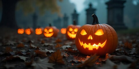 Jack O' Lanterns In Creepy Graveyard In The Spooky Night, Halloween, Pumpkins Backdrop