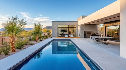 Fototapeta premium A stunning backyard view of a modern home, complete with a rectangular pool and minimalist landscaping, emphasizing contemporary architectural style. 