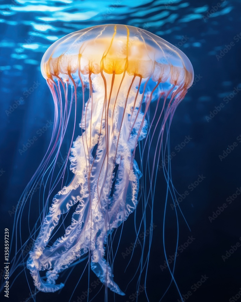 Aufkleber a captivating image of a translucent glowing jellyfish gracefully floating through the serene blue w