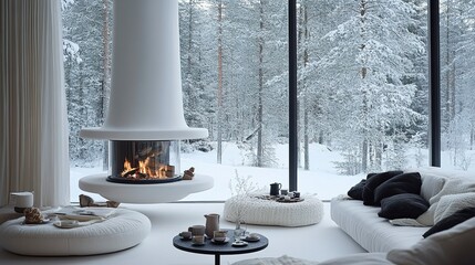 A stylish, minimalistic living space with white decor, a modern fireplace, and a set tea table, perfectly capturing the essence of hygge amidst a winter forest setting. 