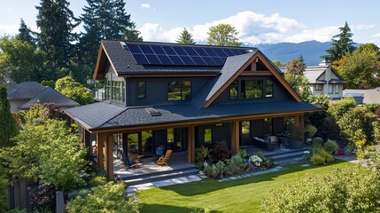 Naklejka premium A stylish passive house designed for energy efficiency, with solar panels on its gable roof and a lush, landscaped yard emphasizing eco-conscious living. 