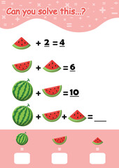 Fun Math Logic Puzzles for Kids. Math Game with watermelon Pictures. Math Activities for Children. Addition for Kids.