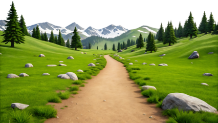 Scenic mountain path, green meadow, journey