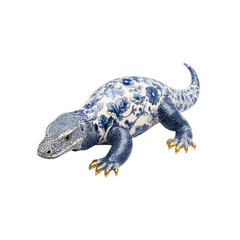 Fototapeta premium Blue and White Porcelain Komodo Dragon Figurine with Gold Claws
