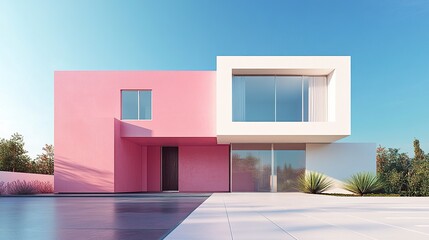 A stylish two-tone modern house featuring a pink facade with white accents, showcasing a contemporary design, set on a crisp white backdrop.  