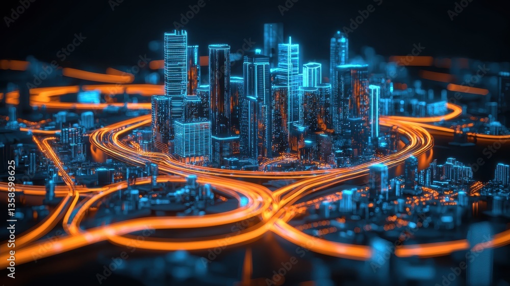 Poster aerial view of a futuristic high tech cityscape at night with glowing skyscrapers and intersecting h