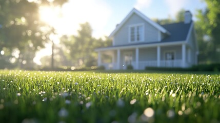 A sunny outdoor scene with sharp, detailed green grass in the foreground, a softly blurred house in the background, and a smooth bokeh effect highlighting the depth. 