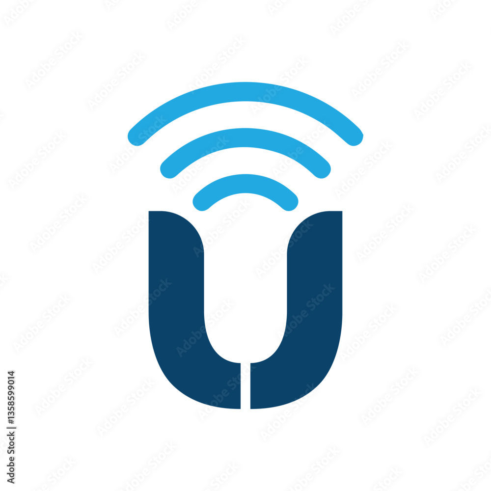 Aufkleber the image shows a flat logo design of an initial letter u with three lines of sound wave in blue col