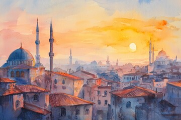 Obraz premium Watercolor painting of a Middle Eastern city at golden hour with winding streets and warm-colored buildings. The soft sky glows behind distant minarets, on isolated white background