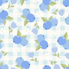 vector seamless pattern with fruits, flower, leaf and check plaid background vector
