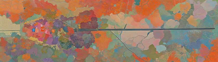 A vibrant painting of a stop sign is mounted on a weathered wooden pole, surrounded by lush green foliage. The bright red color of the sign contrasts beautifully with the natural setting.