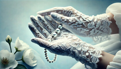 Fototapeta premium An elegant and timeless image captures delicate hands adorned with intricately designed white lace gloves, gently holding a string of lustrous pearls. The refined details of the lace create.