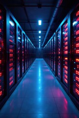 Futuristic data center interior with glowing servers and vibrant lighting, ideal for technology, cloud computing, storage, and digital themes,  digital,  background
