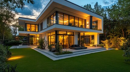 Obraz premium A two-story modern house in Poland, with a clean white exterior and large glass windows, beautifully complemented by subtle garden lighting at dusk 