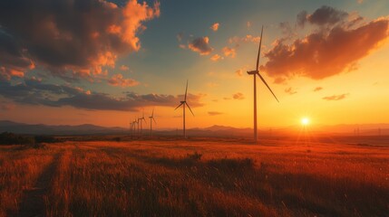 Obraz premium Stunning sunset scene with wind turbines generating renewable energy in a picturesque rural countryside landscape