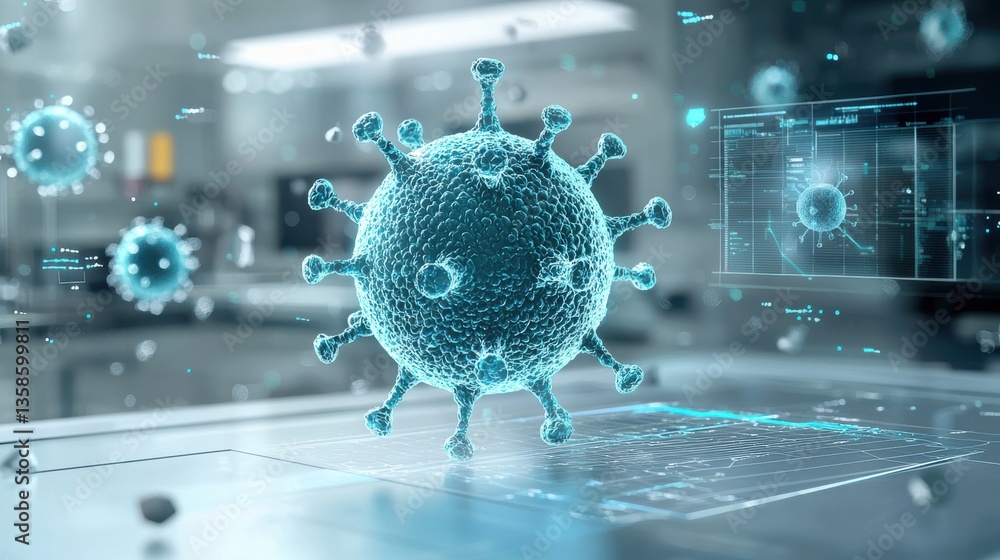 Poster highly detailed futuristic 3d rendering of a coronavirus cell structure showing its complex molecula