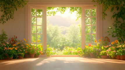 Bright Spring Morning Light Casting Shadows Through Open Doorway