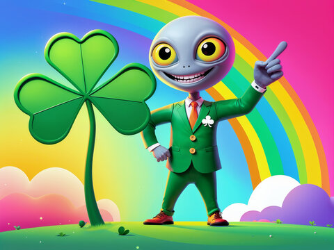 Grey Alien in Green Suit with Shamrock and Rainbow Illustration &ndash; Fun Sci-Fi St. Patrick&rsquo;s Day Blend with Quirky Extraterrestrial Character