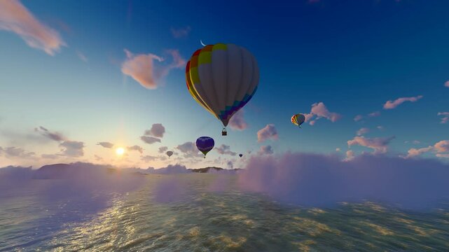  Hydrogen balloons float over the sea, clouds and desert