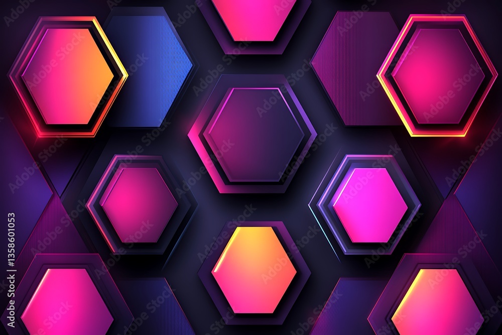 Poster geometric hexagonal design with vibrant gradient colors and lighting effects