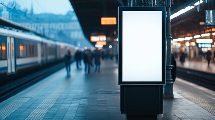 Mock up. Vertical advertising billboard, lightbox with empty digital screen on railway station. Blank white poster advertising, public information board stands at station in front of people and train