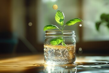 A hyperrealistic macro shot, capturing the precise moment a coin falls into the jar, the plant leaves reflecting in the glass.
