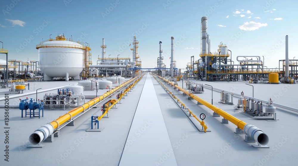 Poster aerial view of a massive oil and gas refinery complex with a network of interconnected pipelines sto