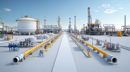 Fototapeta premium Aerial view of a massive oil and gas refinery complex with a network of interconnected pipelines storage tanks and towering industrial structures