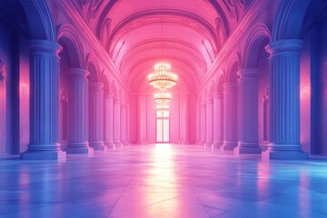 Obraz premium Elegant castle room illuminated by radiant chandeliers with a minimalistic vector style inviting imagination and creativity