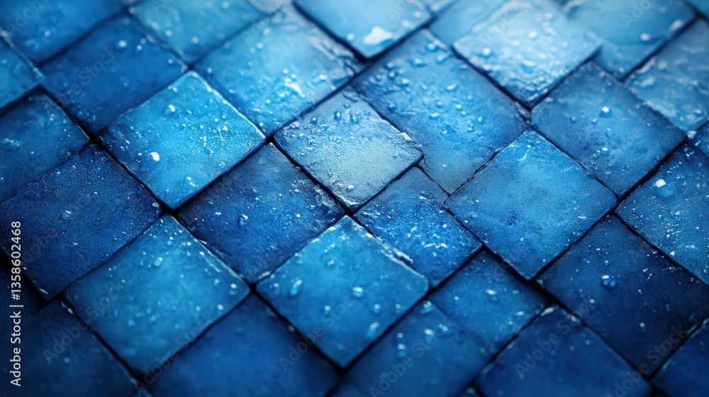 Poster abstract pattern of interconnected blue square tiles with water droplets