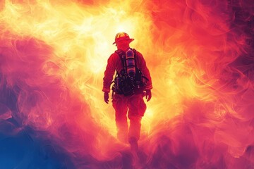 Brave firefighter walks through vibrant flames, embodying courage and determination in a striking minimalist vector design