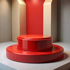 Empty podium with red ribbon and carpet on a red background, 3D gold award icon symbolizing success and achievement