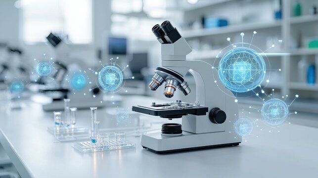 Highly advanced laboratory equipment including a professional grade microscope set up in a modern well equipped research facility for scientific experimentation medical analysis