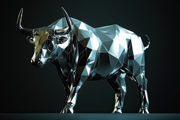 Obraz premium A low-poly 3D bull in a metallic silver shade, standing boldly against a dark setting.