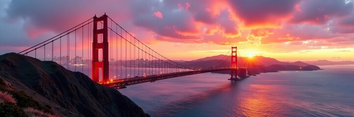 Obraz premium Golden Gate Bridge panorama with beautiful sunset light illuminating the cloudy sky in San Francisco California, architecture, engineering