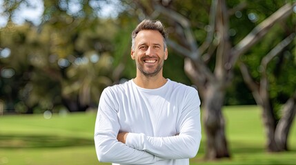 Middle aged man standing outside with a cheerful smile