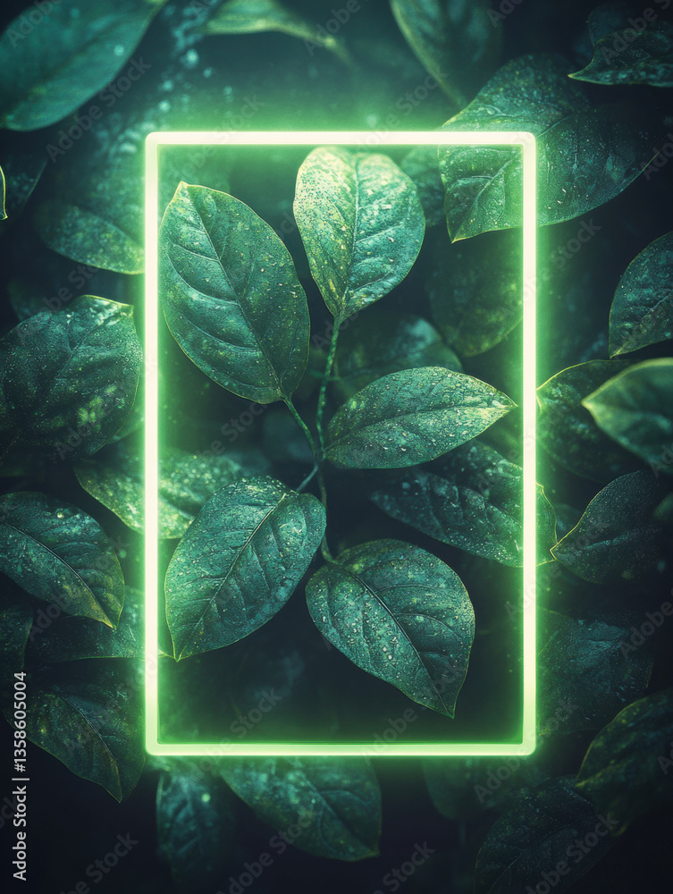 Poster A simple and clear sentence for naming the image could be:
Green leaf with water drops on black background showing natural abstract freshness
