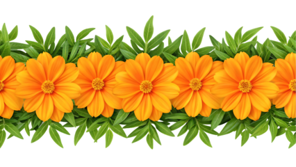 Orange flowers and green leaves seamless border