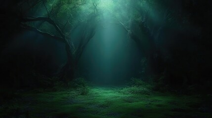 Mystical forest glade bathed in ethereal light. Lush green foliage, moss-covered ground, and towering trees form a dark, mysterious ambiance. 
