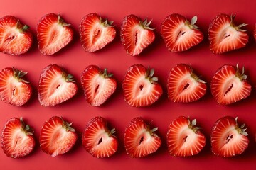 Arrangement of Fresh Strawberry Halves on Red Background for Food Presentation