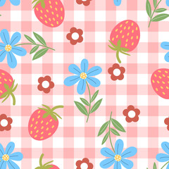 vector seamless pattern with fruits, flower, leaf and check plaid background vector