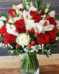 Obraz premium A beautifully crafted ceramic vase holds a vibrant arrangement of red and white flowers, their petals delicately unfurling, adding a touch of elegance to the surrounding space.