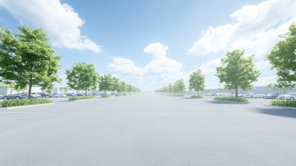 Fototapeta premium Serene Parking Lot Landscape: A sunlit parking area with lush green trees and neatly parked cars, offering a peaceful and inviting atmosphere.