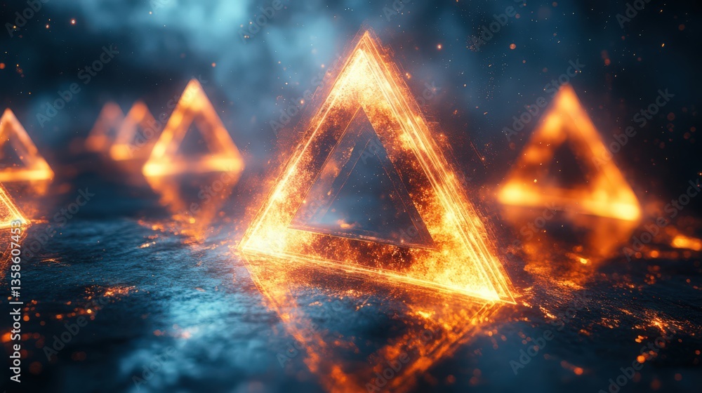 Poster glowing geometric triangles with reflective surfaces abstract sci-fi design