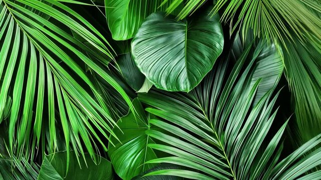 Vibrant green tropical leaves creating a lush, natural background in a tropical setting