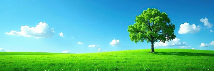 Lonely tree standing in a lush green meadow under a vibrant blue sky, lonely tree,  peaceful